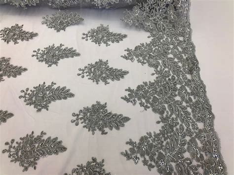 Floral Silver Embroidered Lace Fabric With Sequins Fancy Embroidery