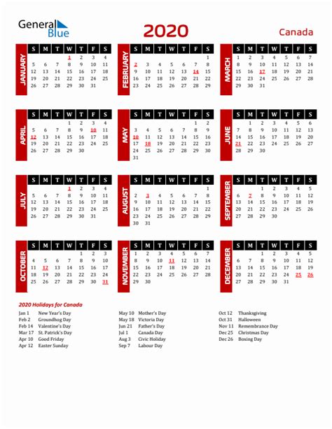 2020 Canada Calendar With Holidays