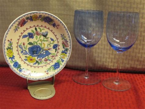 Lot Detail Cobalt Glass Vase 2 Blue Crystal Wine Glasses Vintage Avon Crystal Butter Dish S