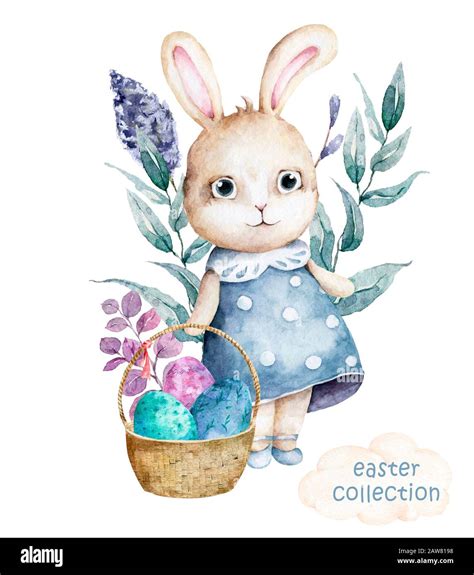 Hand Drawn Watercolor Happy Easter Set With Bunnies Design Rabbit