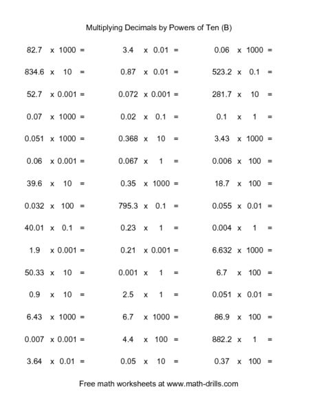 Multiplying Decimals By Powers Of Ten B Worksheet For 6th