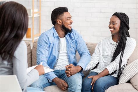 Happy Black Couple After Successful Marital Therapy With Psychologist Stock Image Image Of
