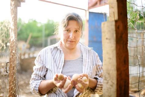 Cute Woman Farmer Collecting Fresh Organic Eggs On Chicken Farm Floor