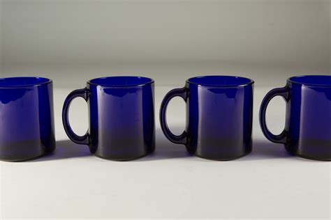 4 Blue Mugs 12oz Vintage Libbey Cobalt Blue Glass Coffee Cups Retro Heavy Glass Mugs
