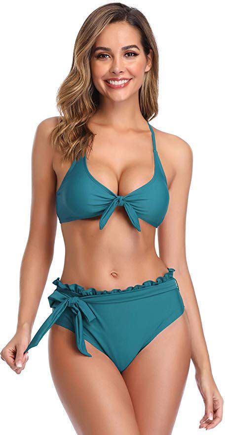 Shekini Womens Bathing Suit Tie Knot Front Ruffle Bikini Set Two Piece Swimsuit Ruffled