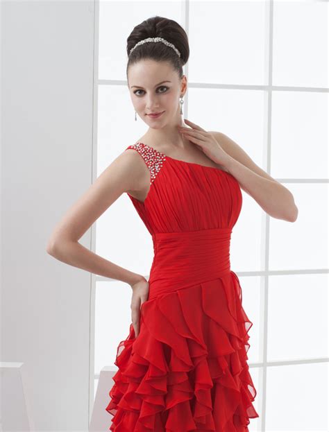 Red One Shoulder Sweep Chiffon Prom Dresses Milanoo Com