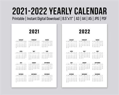 Printable 2021 2022 Yearly Calendar Digital Calendar Etsy Australia