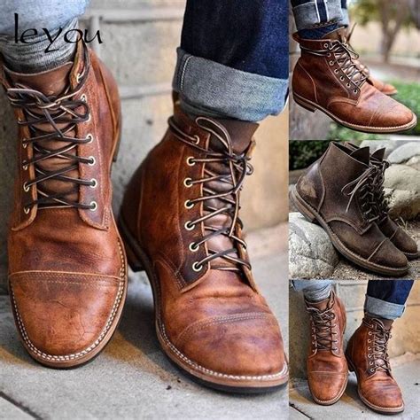 Us 39 2 Men Vintage Pu Leather Boots Retro Motocycle Shoes Ankle Lace Up Boots British