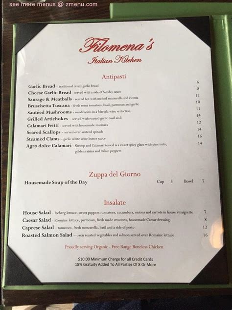 Meat, pork, veal & seafood dishes prepared just like mamma filomena prepared for her family and friends so many years ago. Online Menu of Filomenas Italian Kitchen Restaurant, Costa ...