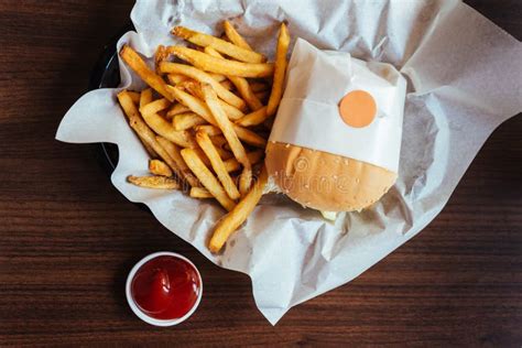 Top View Of Burger Set Served With French Fries And Ketchup Stock Photo