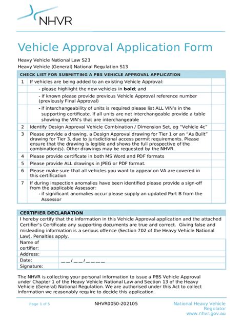 Vehicle Approval Application - Certifier's Certificate Doc Template