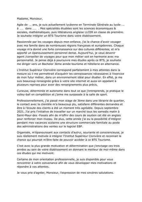lettre de motivation bts tourisme