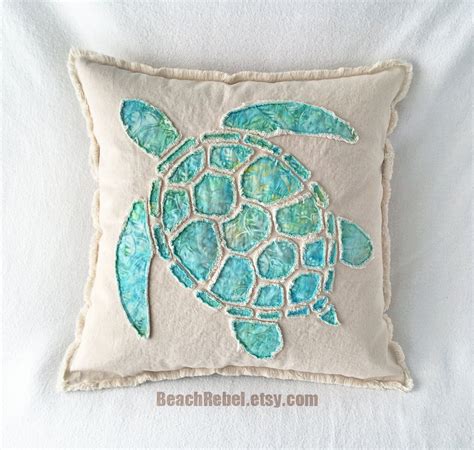 Sea Turtle Pillow Cover Appliqued With Aqua Leaf Batik And Natural