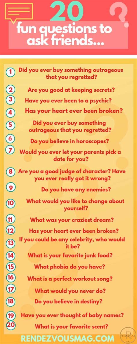 We have questions for friends, questions for guys & girls, first dates and someone that you like. 20 fun questions to ask friends infographic