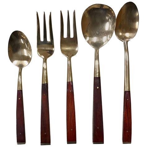 Vintage Brass And Rosewood Boxed Flatware Set Service 144 Pieces For Sale At 1stdibs Brass And