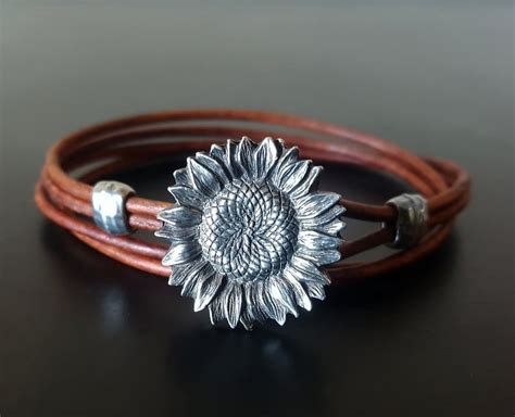 womens leather bracelet sunflower flower leather bracelet etsy