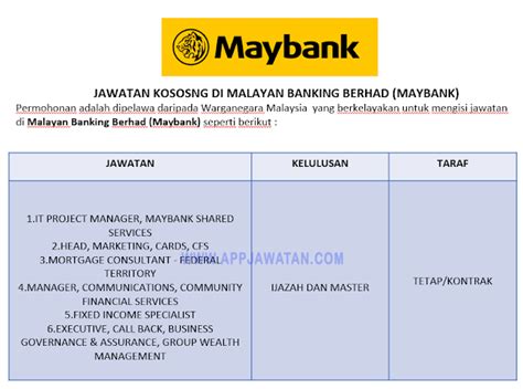 Kebaikan program ini adalah peserta dapat meningkatkan peluang pekerjaan dan peluang dalam bidang keusahawanan. Jawatan Kosong di Malayan Banking Berhad (Maybank ...