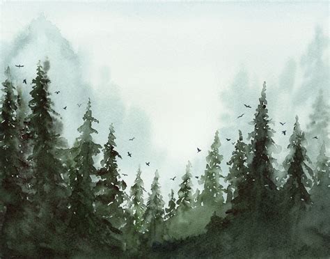 Pine Tree Forest Watercolor Art Print Misty Evergreen Etsy Canada