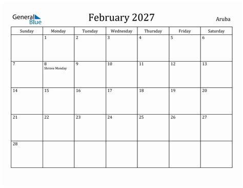 February 2027 Monthly Calendar With Aruba Holidays