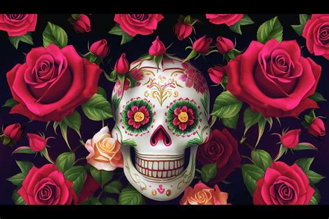 Mexican Style Sugar Skull Red Roses Halloween