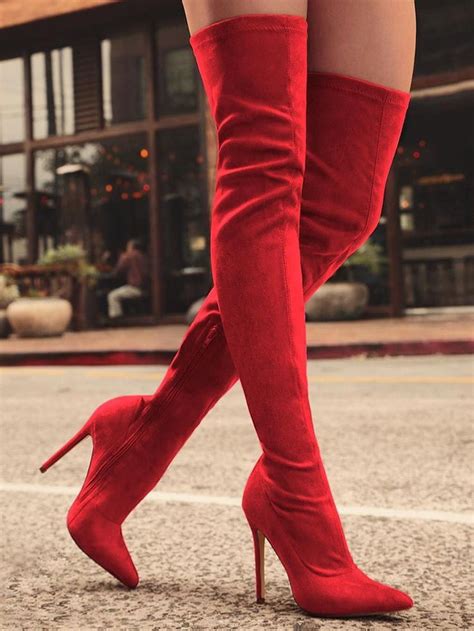 Ivrose Knee High Pointed Toe Heels Red Boots Knee High Pointed Toe Heels Red Boots High Knee