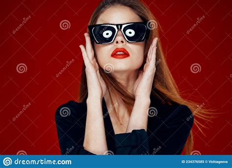 glamorous woman wearing sunglasses red lips posing close up stock image image of dress beauty