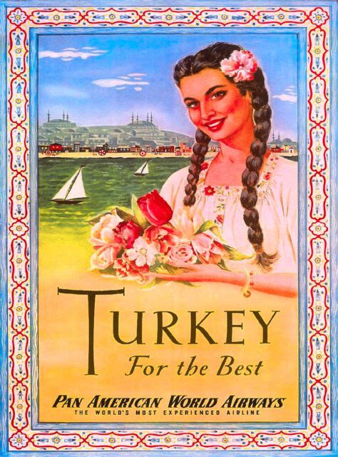 Beautiful Girl Turkey Turkish Airplane Vintage Travel Art Advertisement