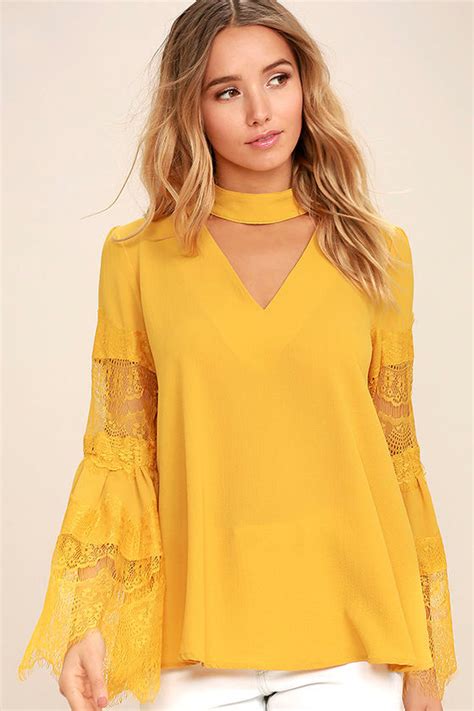 Cute Golden Yellow Lace Top Long Sleeve Top Bell Sleeve Top 42