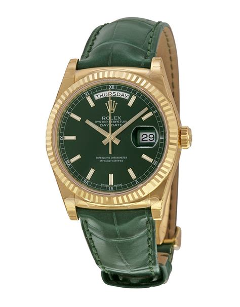 Replica Rolex Day Date Green Dial 18k Yellow Gold Leather Mens Watch