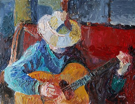 A young man renounces his christian faith when his younger brother is killed in a bus accident. Guitar Player Painting by Daryl Urig