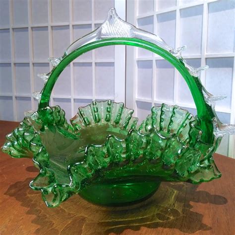 Emerald Green Glass Ruffled Basket Etsy