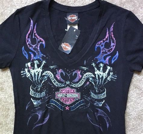 Harley Davidson Out Of The Flames Bling V Neck Black Shirt Nwt Women S