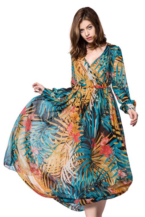 Colormix M Boho Printed Long Sleeve Maxi Summer Swing Dress