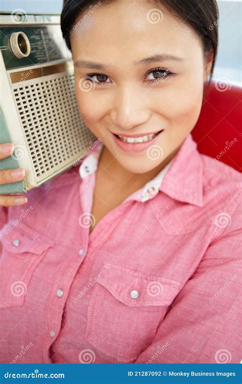 Portrait Of Young Woman Listening To Radio Stock Photo Image Of Happy