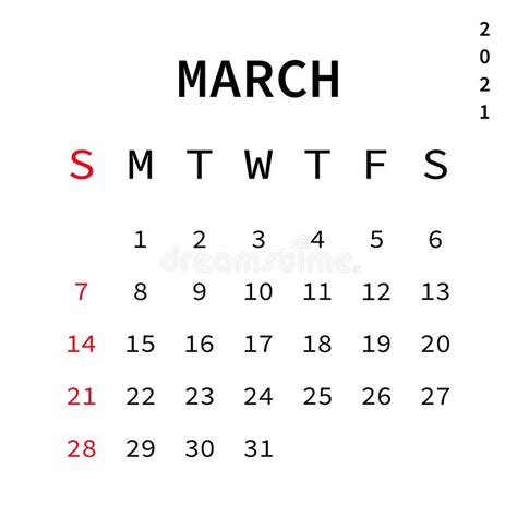Marzo Mes 2021 Calendario Eps 10 Aislado Sobre Fondo Blanco