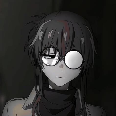 An Anime Character Wearing Glasses And A Black Shirt With Long Hair Standing In The Dark