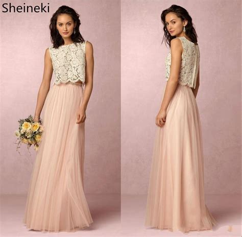 Blush Pink Two Pieces Lace Bridesmaid Dresses Soft Tulle Floor Length