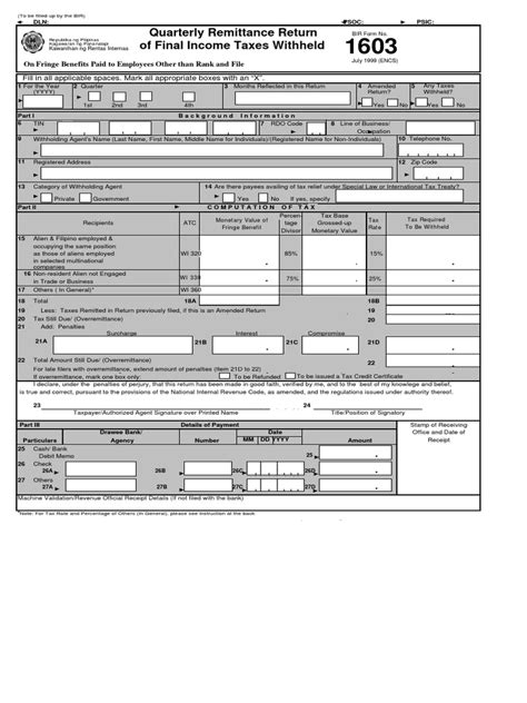 Bir Form 1603 Pdf Withholding Tax Taxpayer