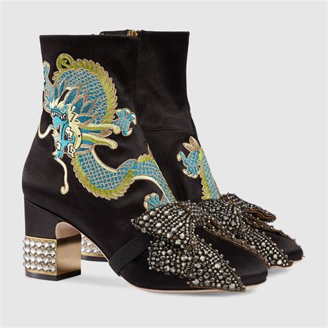 Gucci Dragon Satin Mid Heel Ankle Boots Footwear Design Women