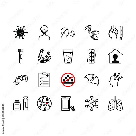 Flu Disease Prevention Cold Symptoms Flat Line Icons Set Fever