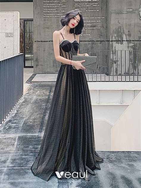 Charming Black Spotted Prom Dresses 2022 A Line Princess Spaghetti Straps Sleeveless Backless