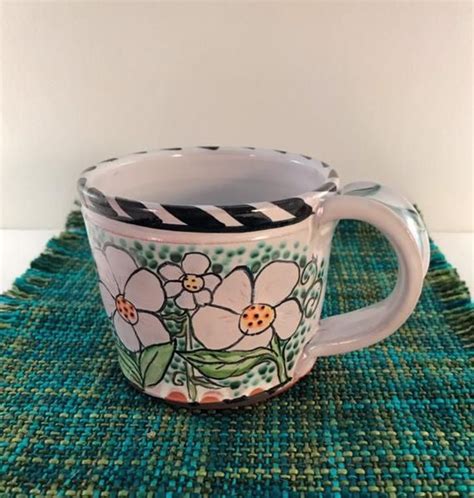 Majolica Floral Pottery Mug Tulips Cosmos And Forget Me Etsy