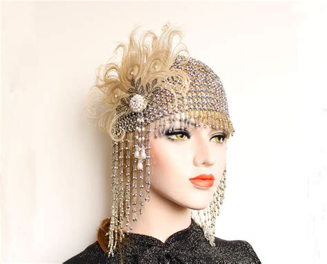 Great Gatsby Headpiece Feather Flapper Roaring 20s Silver Beaded Cap