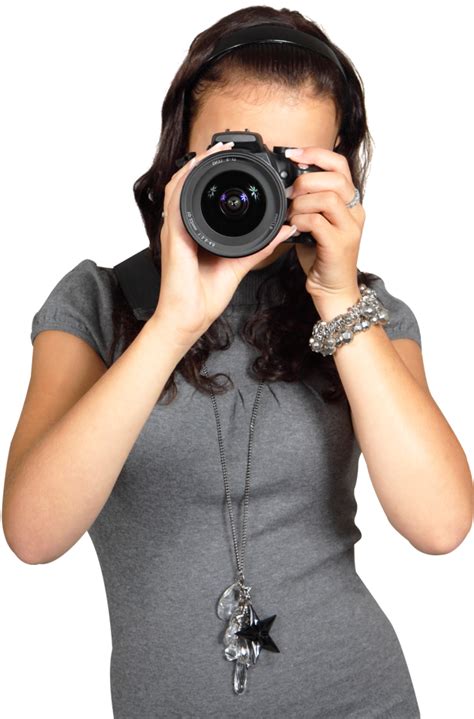 Cute Young Woman In Gray Dress With Digital Photo Camera Woman