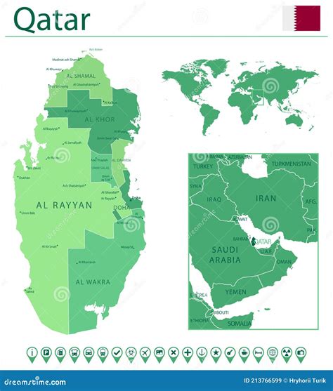 Qatar Mapa Detallado Y Bandera Qatar En El Mapa Del Mundo Ilustración