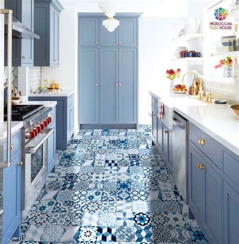 A Wonderful Kitchen Made With A Patchwork Cement Tiles Based On Blue