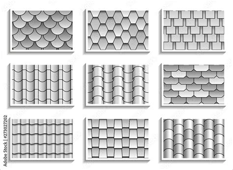 Set Of Grayscale Seamless Roof Tiles Textures Black And White Graphic