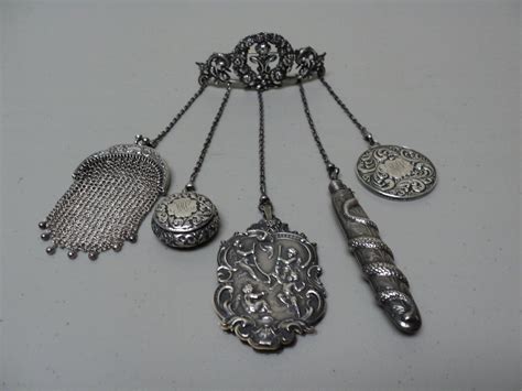 Fabulous Victorian Period Sterling Silver 5 Chain Chatelaine With Accessories Ebay Silver