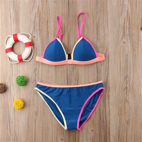 Summer Women Sexy Color Patchwork Bikini Set Push Up Padded Bra Low Waist Swimwear Swimsuit