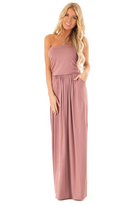 Dusty Rose Strapless Maxi Dress With Side Pockets Front Full Body